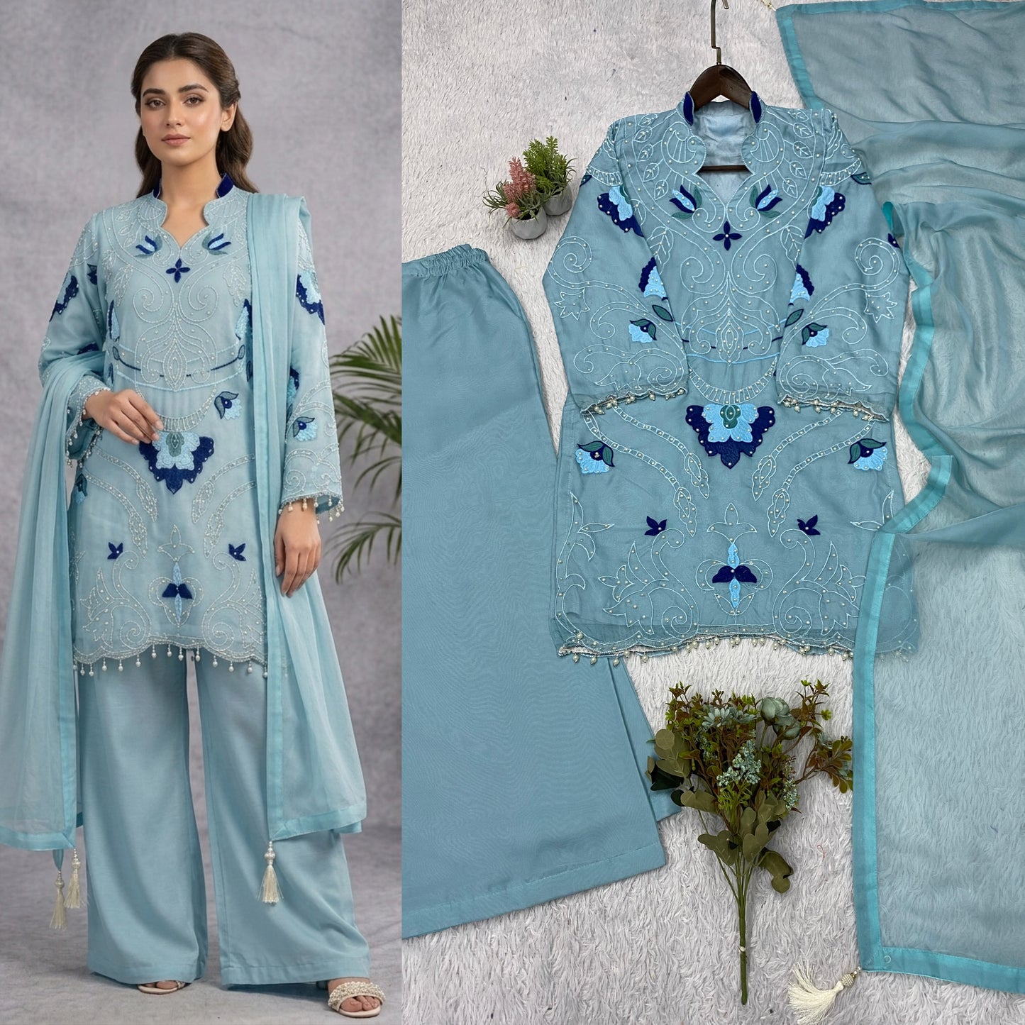 THIS WEDDING SEASON WEAR OUR BEAUTIFUL EMBROIDERED WITH CUT WORKED TOP , PLAZZO WITH DUPATTA ✨