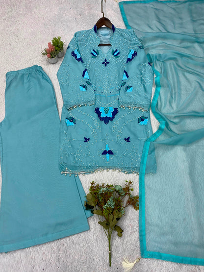 THIS WEDDING SEASON WEAR OUR BEAUTIFUL EMBROIDERED WITH CUT WORKED TOP , PLAZZO WITH DUPATTA ✨