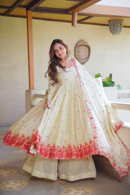 New Designer Collection In Dimond Silk With Embroidery Work Gown And Dupatta Set Fully Stitched Ready To Wear