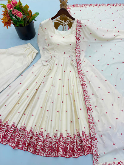 New Designer Collection In Dimond Silk With Embroidery Work Gown And Dupatta Set Fully Stitched Ready To Wear