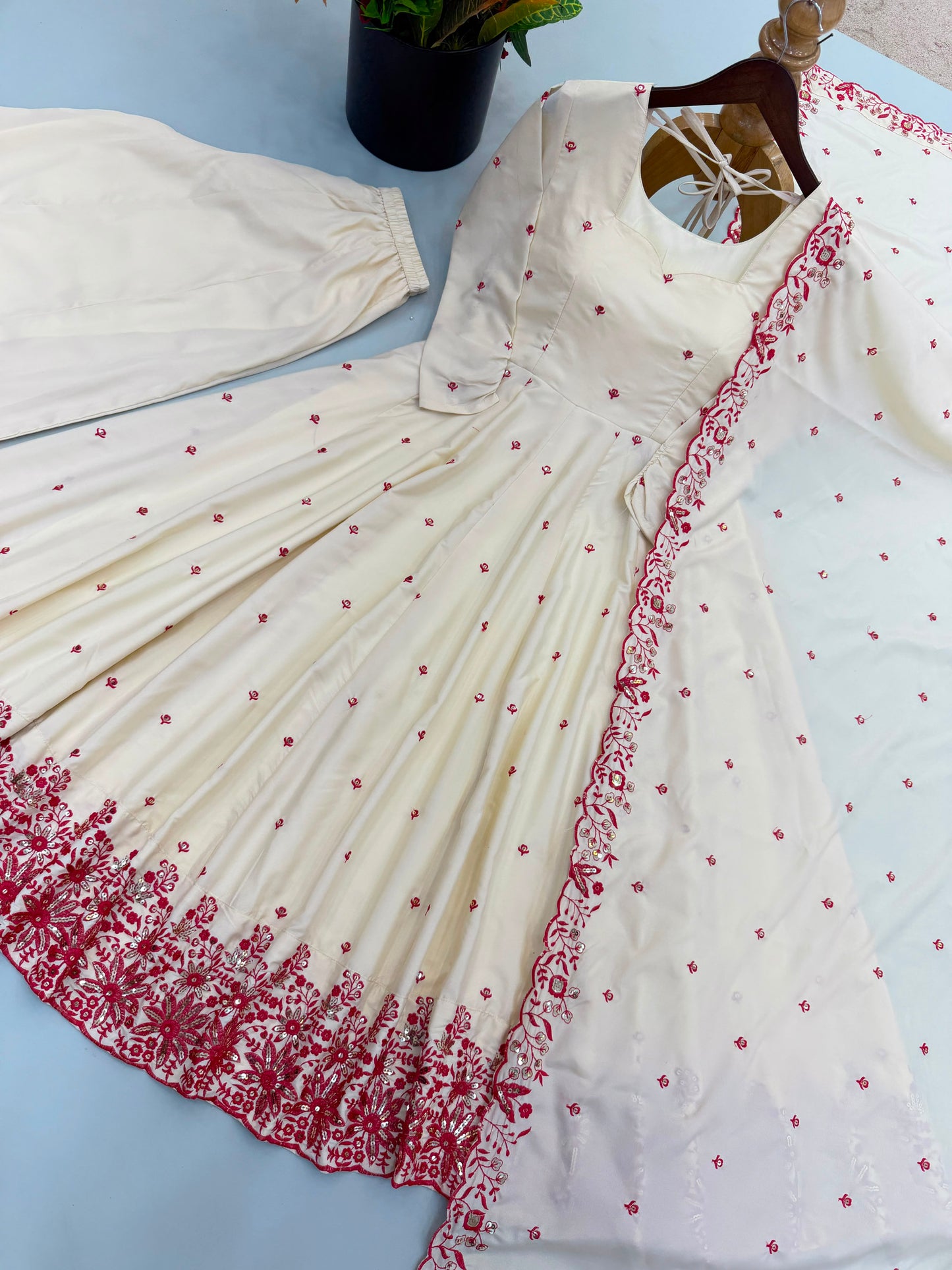 New Designer Collection In Dimond Silk With Embroidery Work Gown And Dupatta Set Fully Stitched Ready To Wear