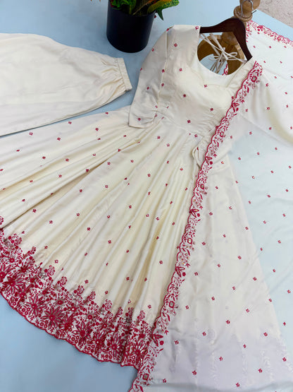 New Designer Collection In Dimond Silk With Embroidery Work Gown And Dupatta Set Fully Stitched Ready To Wear