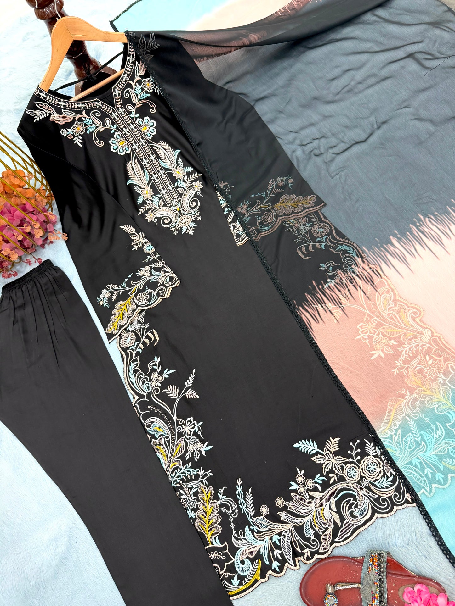 Đěsigner Party Wear Look Pur Satin Rayon Over Size Long Kaftan & Bottom With Dupatta set