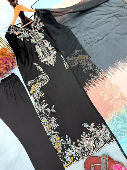 Đěsigner Party Wear Look Pur Satin Rayon Over Size Long Kaftan & Bottom With Dupatta set