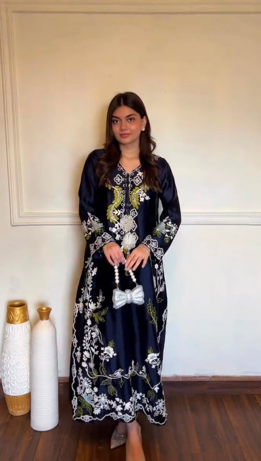 Đěsigner Party Wear Look Pur Satin Rayon Over Size Long Kaftan & Bottom With Dupatta set