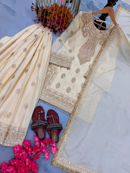 Đěsigner Party Wear Look Pur Chinon Silk Top Plazzo & Dupatta Set