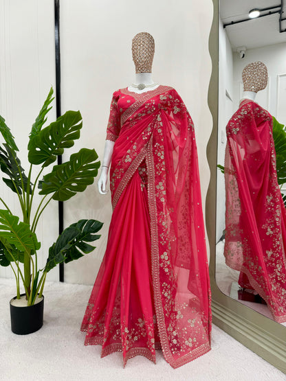 Looking some one for this same colour beautiful Designer Saree on Tibby silk Febric with Thred & Sequnce work and Blouse on also Tibby Silk Febric With Thred & Sequnce work