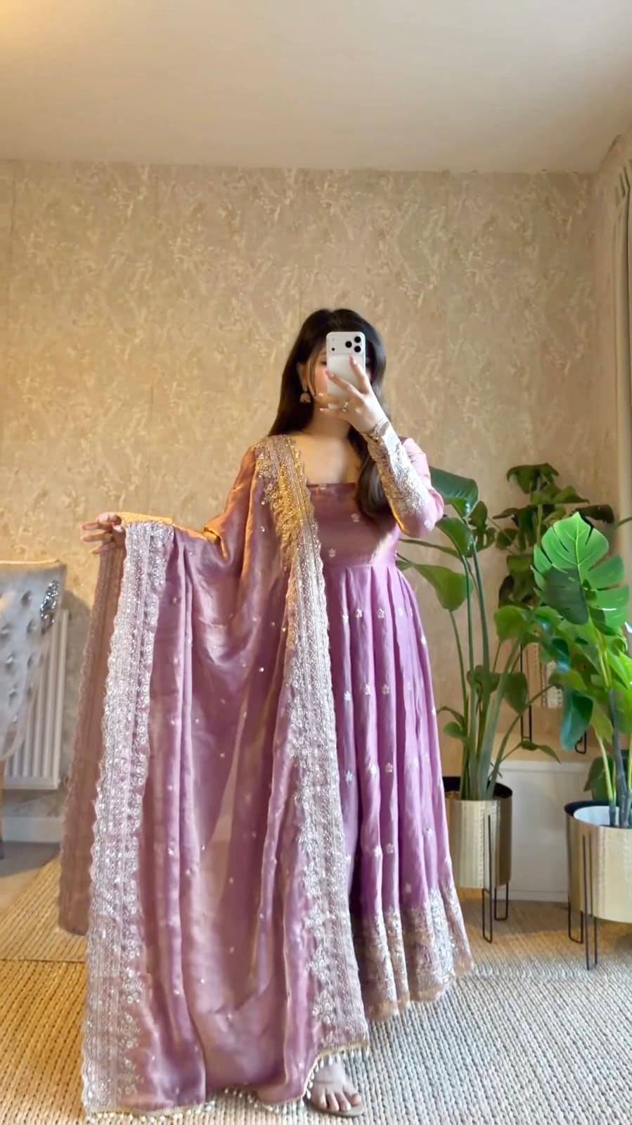 Elegant Embroidery Work With Designer Anarkali Three Piece Set"*