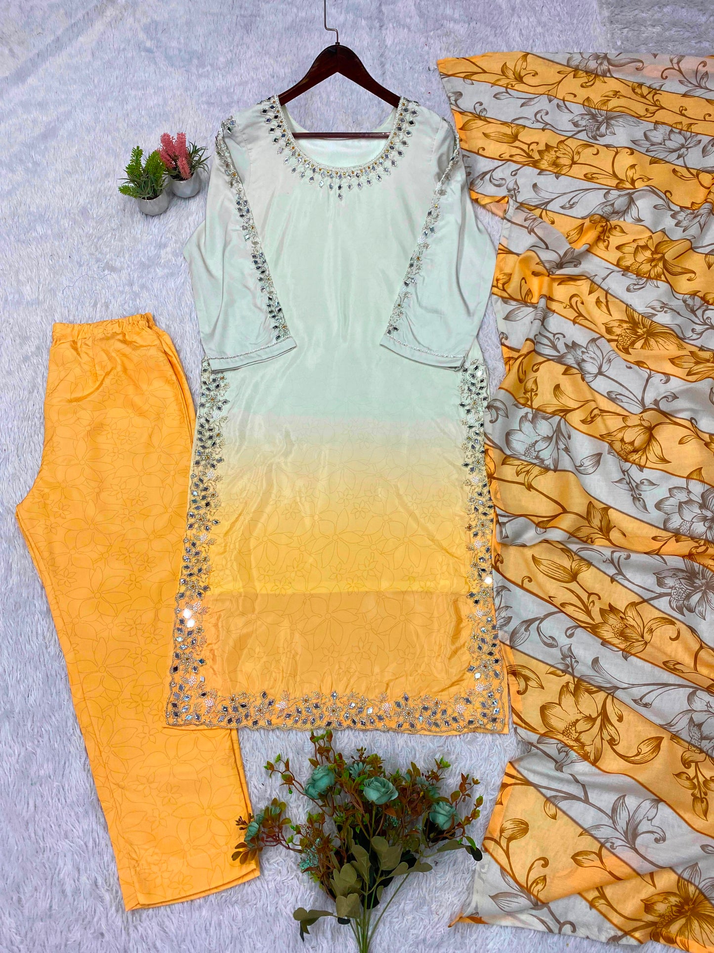 THIS WEDDING SEASON WEAR OUR BEAUTIFUL BEADS WITH REAL MIRROR EMBROIDERED TOP , PANT WITH DUPATTA