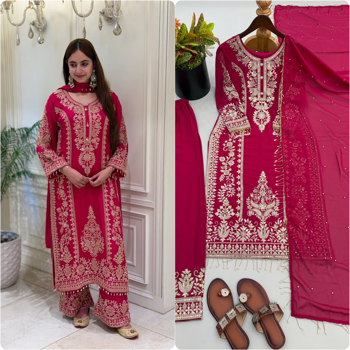 New Designer Collection In Faux Georgette With Heavy Embroidery Sequence Work Top-Bottom And Dupatta Set Fully Stitched Ready To Wear