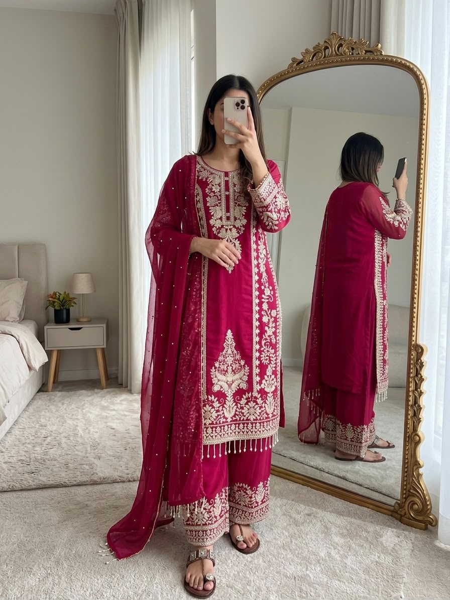 New Designer Collection In Faux Georgette With Heavy Embroidery Sequence Work Top-Bottom And Dupatta Set Fully Stitched Ready To Wear