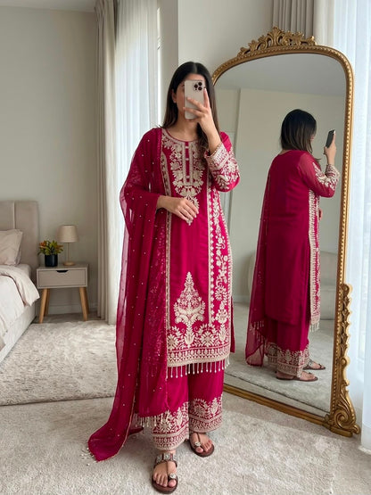 New Designer Collection In Faux Georgette With Heavy Embroidery Sequence Work Top-Bottom And Dupatta Set Fully Stitched Ready To Wear