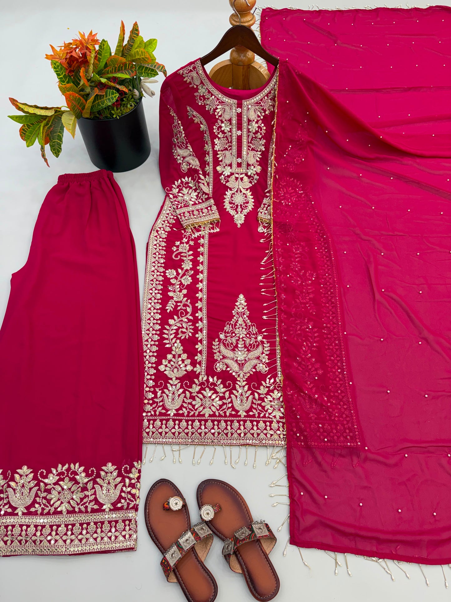 New Designer Collection In Faux Georgette With Heavy Embroidery Sequence Work Top-Bottom And Dupatta Set Fully Stitched Ready To Wear