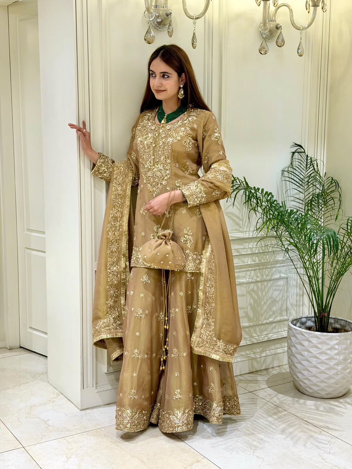 Đěsigner Party Wear Look Pur Nc Moss Silk Top & Palazzo With Dupatta set