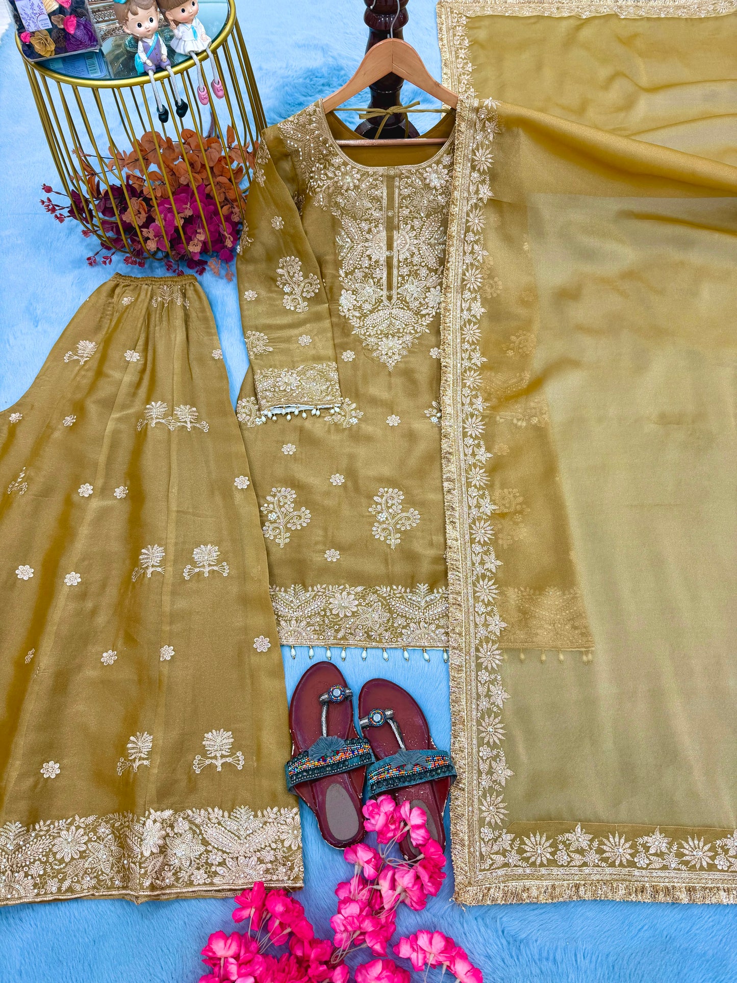 Đěsigner Party Wear Look Pur Nc Moss Silk Top & Palazzo With Dupatta set