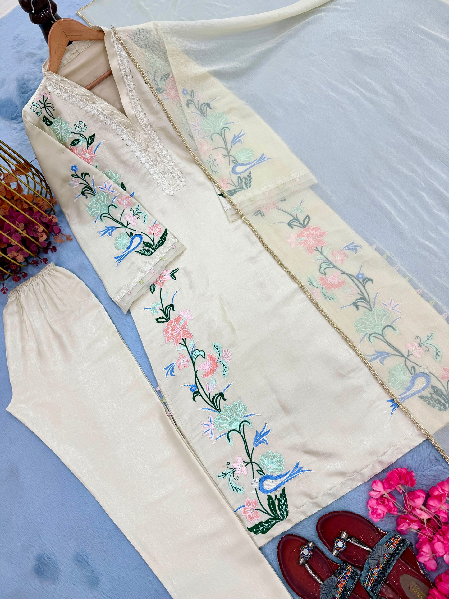 Đěsigner Party Wear Look Pur Roman Glass Over Size Long Kaftan & Bottom With Dupatta set