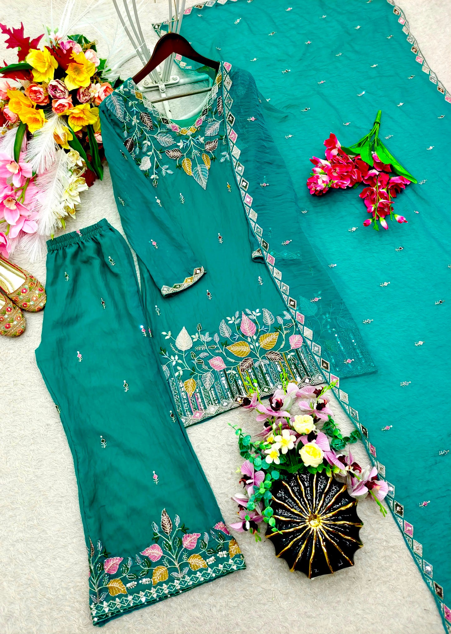 New Design Trending Nc Moss Silk Top&Palazzo&Dupatta