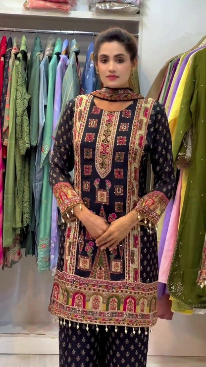 DESIGNER WEAR TRENDING TOP WITH PRINTED WORK AND STONE WORK TOP PLAZZO WITH DUPATTA SET