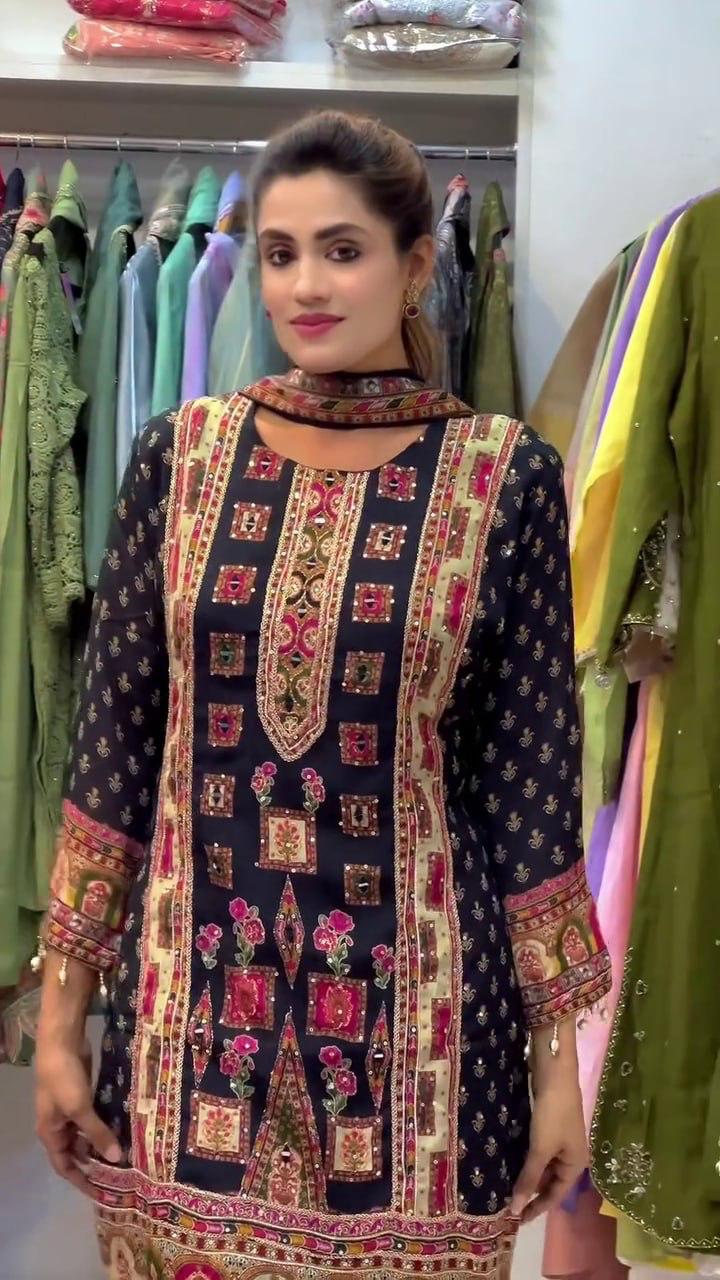 DESIGNER WEAR TRENDING TOP WITH PRINTED WORK AND STONE WORK TOP PLAZZO WITH DUPATTA SET