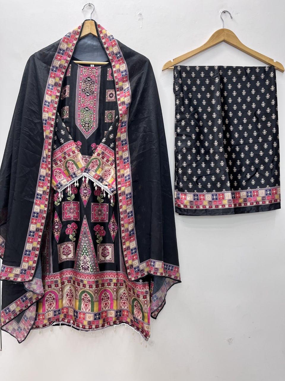 DESIGNER WEAR TRENDING TOP WITH PRINTED WORK AND STONE WORK TOP PLAZZO WITH DUPATTA SET