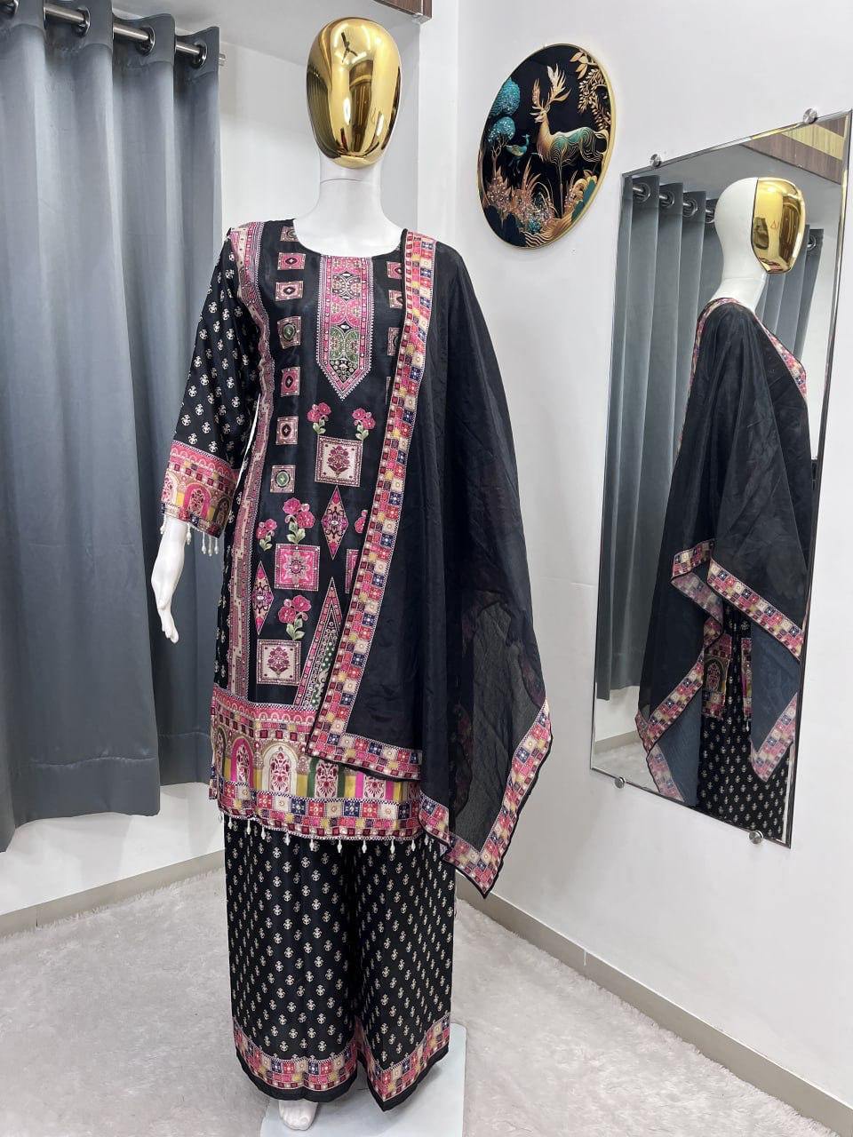 DESIGNER WEAR TRENDING TOP WITH PRINTED WORK AND STONE WORK TOP PLAZZO WITH DUPATTA SET