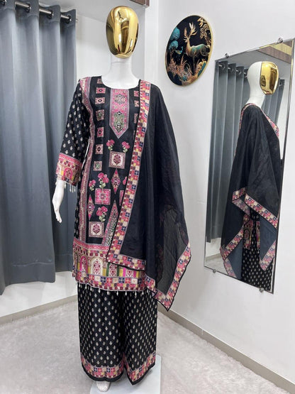 DESIGNER WEAR TRENDING TOP WITH PRINTED WORK AND STONE WORK TOP PLAZZO WITH DUPATTA SET