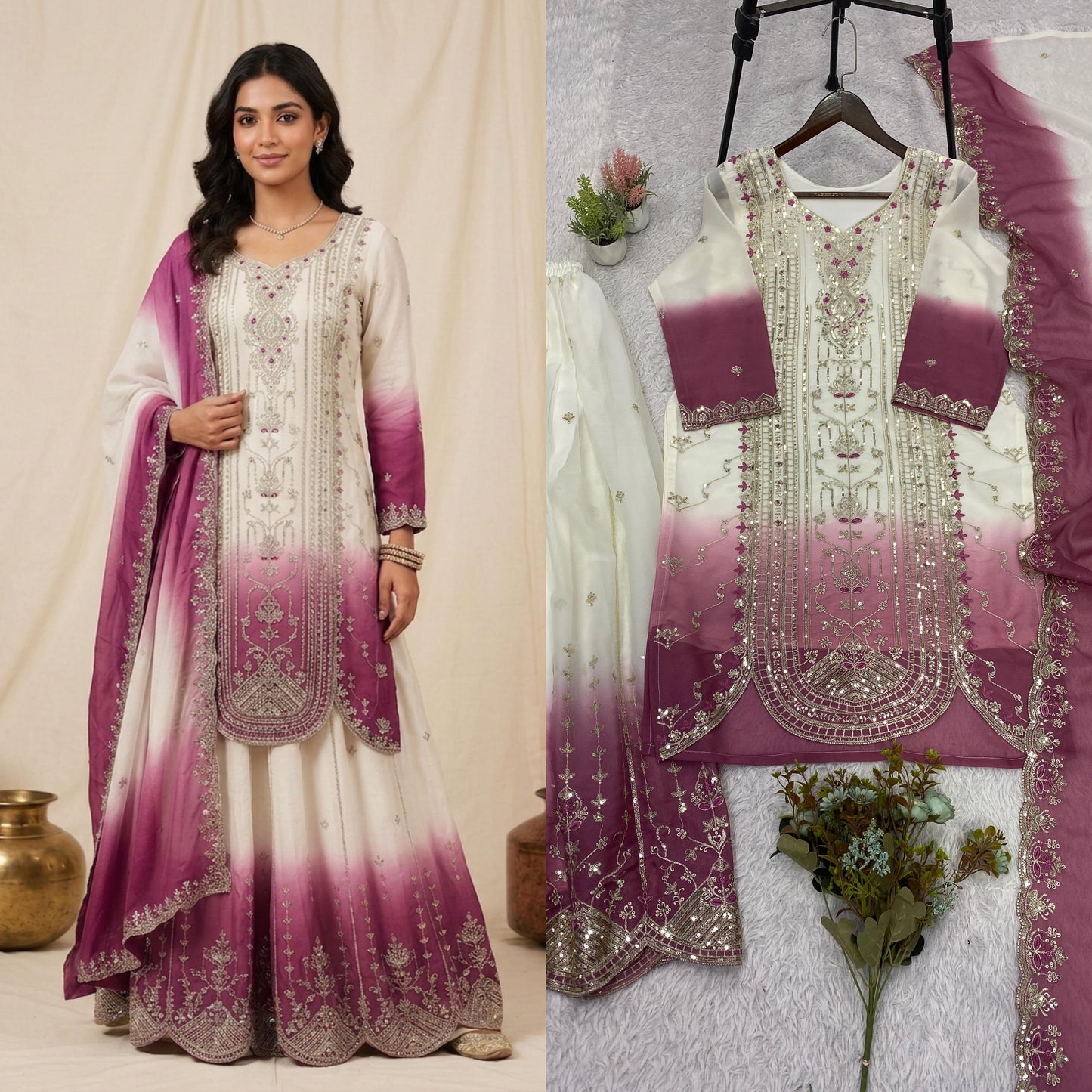 THIS WEDDING SEASON WEAR OUR BEAUTIFUL SEQUENCE EMBROIDERED TOP , PLAZZO WITH DUPATTA