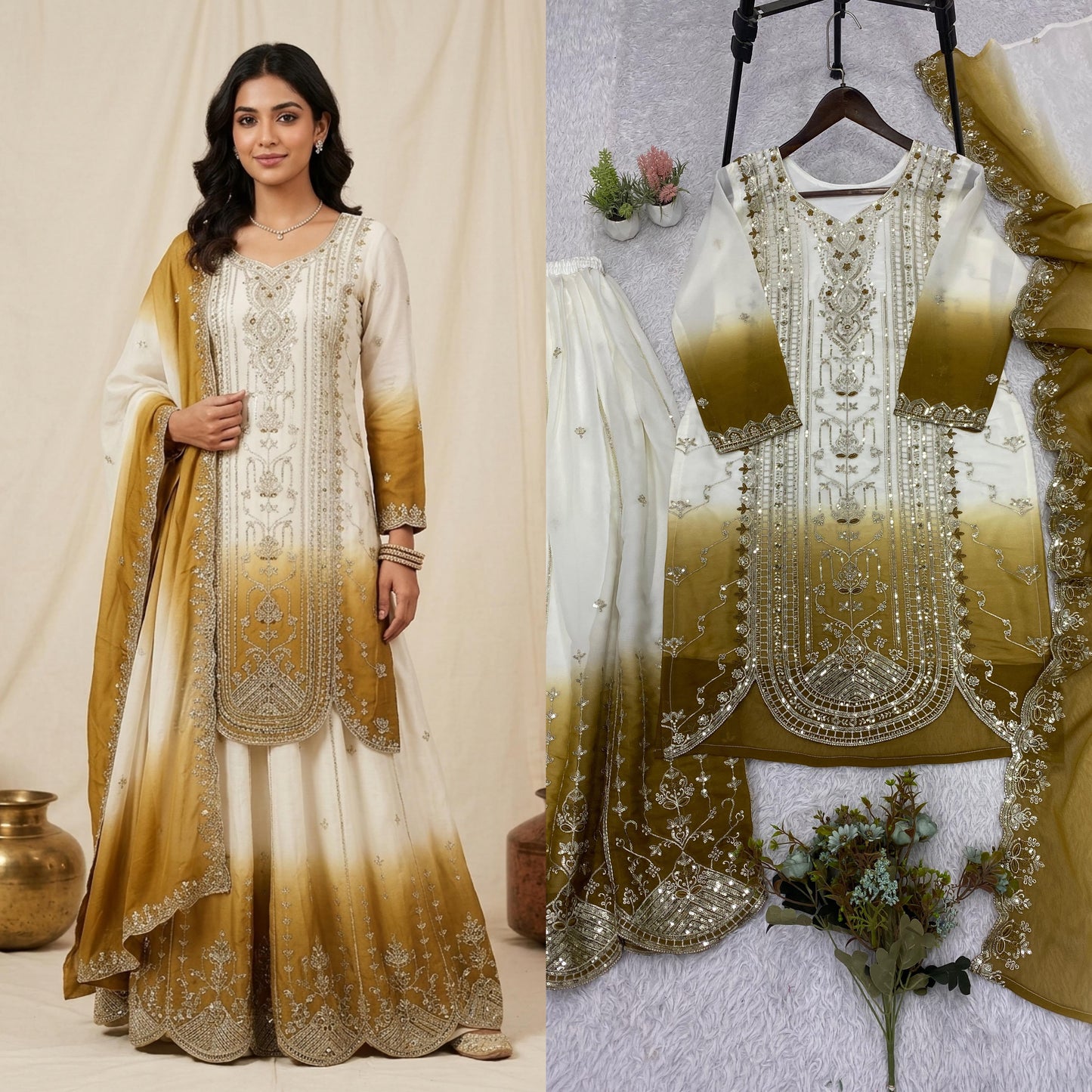 THIS WEDDING SEASON WEAR OUR BEAUTIFUL SEQUENCE EMBROIDERED TOP , PLAZZO WITH DUPATTA