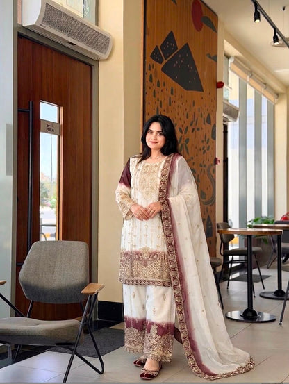 Đěsigner Party Wear Look Pur Heavy Dual Tone Peding Star Georgette Top Plazzo & Dupatta Set