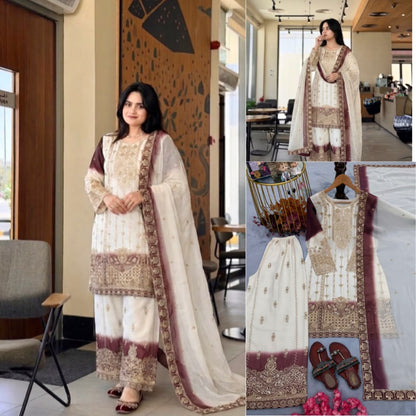 Đěsigner Party Wear Look Pur Heavy Dual Tone Peding Star Georgette Top Plazzo & Dupatta Set