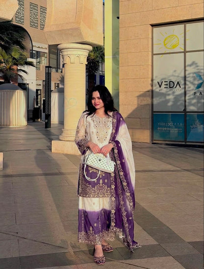 Đěsigner Party Wear Look Pur Heavy Dual Tone Peding Star Georgette Top Plazzo & Dupatta Set