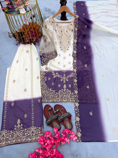 Đěsigner Party Wear Look Pur Heavy Dual Tone Peding Star Georgette Top Plazzo & Dupatta Set