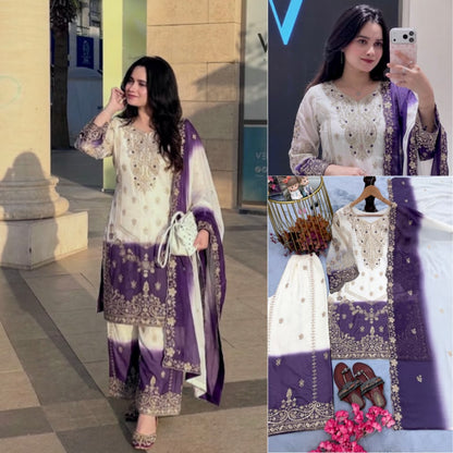 Đěsigner Party Wear Look Pur Heavy Dual Tone Peding Star Georgette Top Plazzo & Dupatta Set