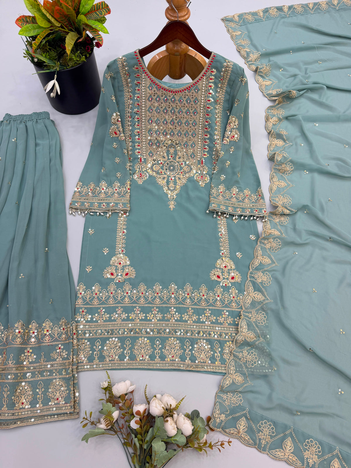New Designer Party Wear Look Top-Plazzo and Dupatta With Heavy Embroidery Work