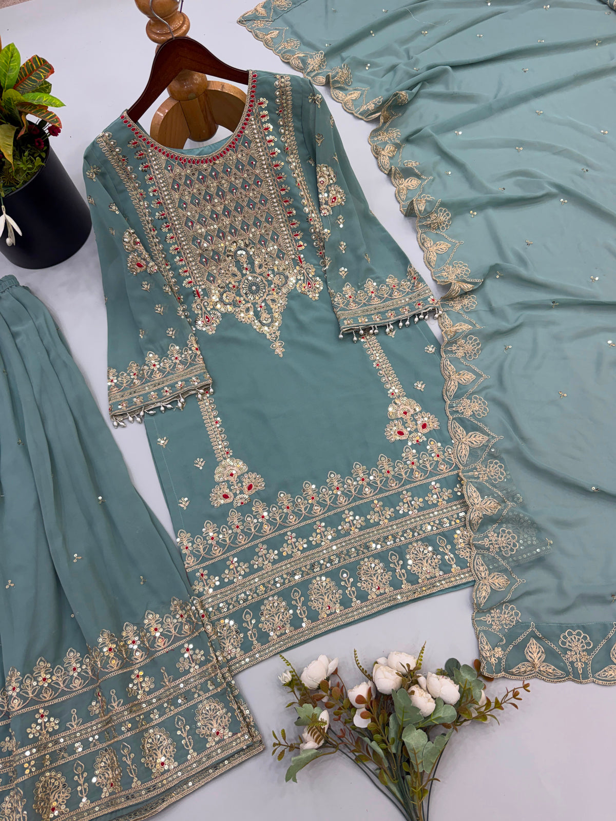 New Designer Party Wear Look Top-Plazzo and Dupatta With Heavy Embroidery Work