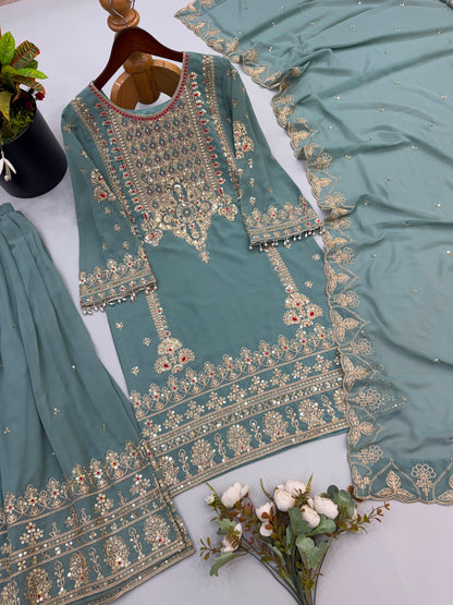 New Designer Party Wear Look Top-Plazzo and Dupatta With Heavy Embroidery Work