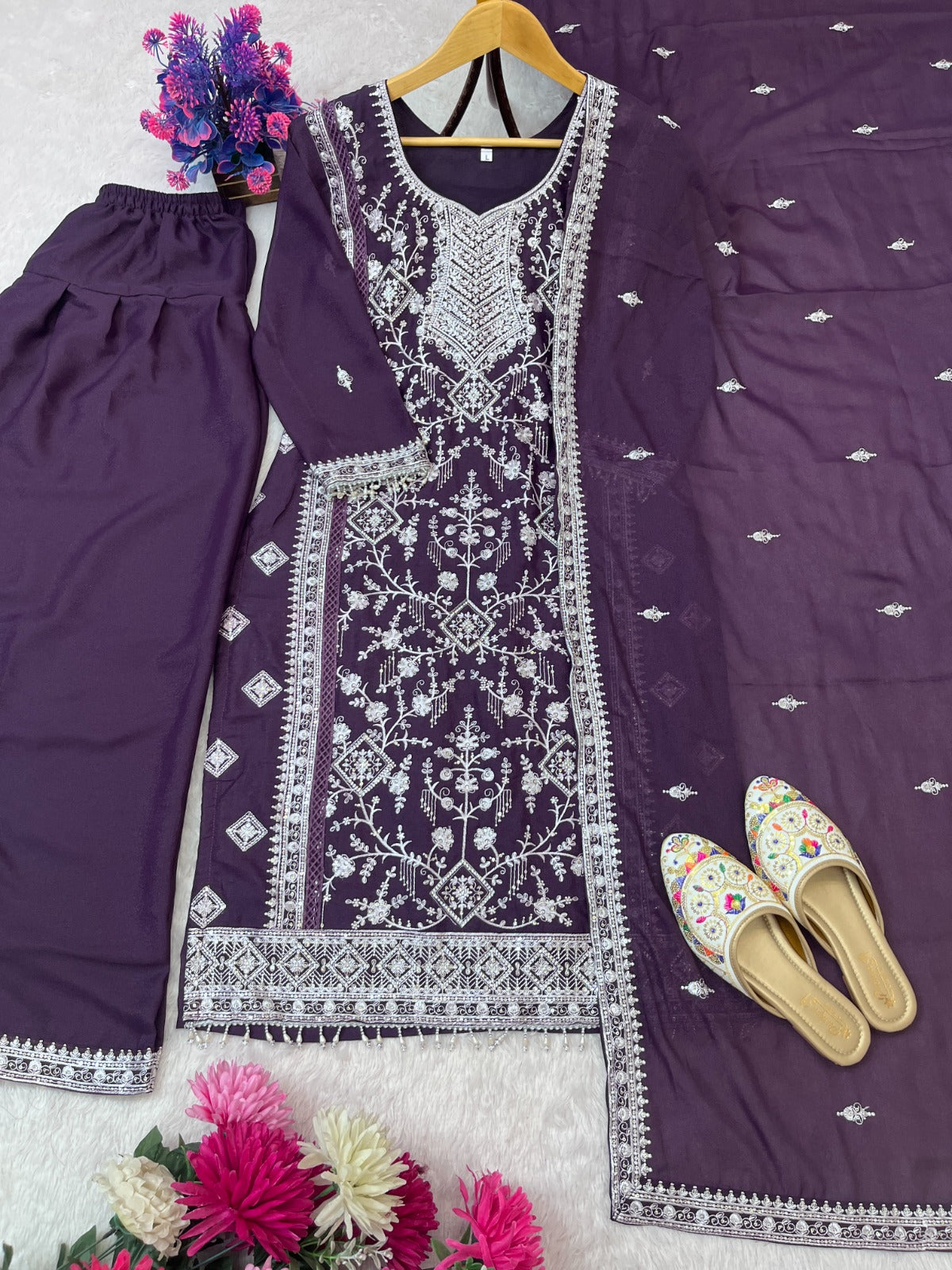 DESIGN WEAR SEQUENCE EMBROIDERY TOP AND FARSI PLAZZO WITH DUPATTA