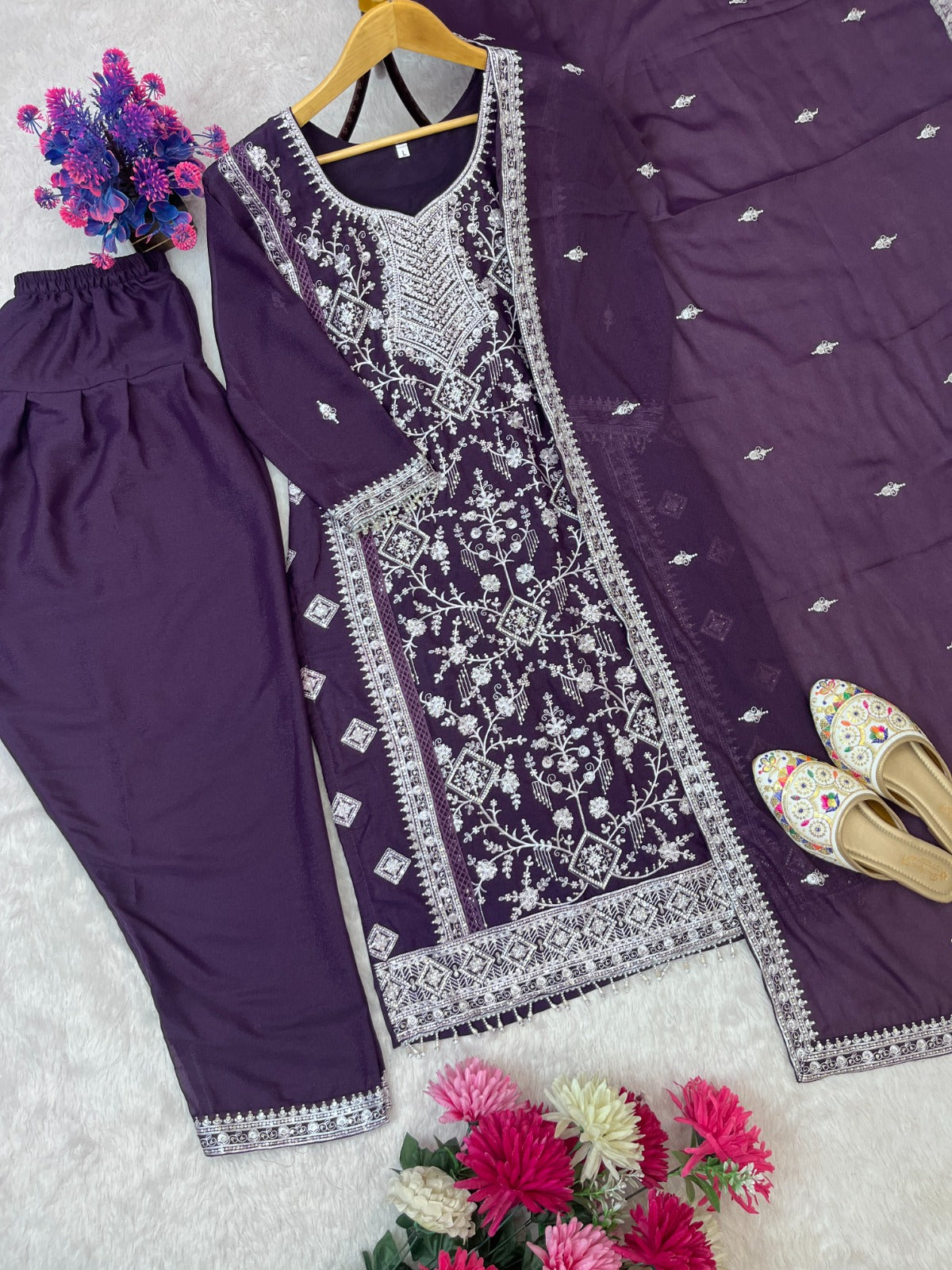 DESIGN WEAR SEQUENCE EMBROIDERY TOP AND FARSI PLAZZO WITH DUPATTA