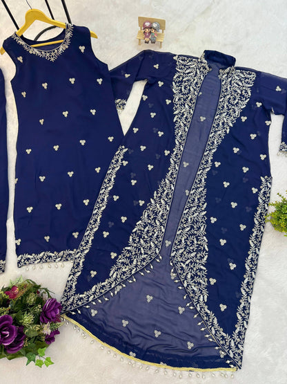 3 PIECES KURTI, KOTI & PENT WITH EMBROIDERY WORK