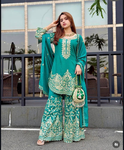 New Design Trending Cinon Silk Top&Pent Palazzo&dupatta Reddy To Wear Look Designs