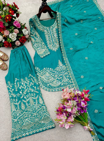 New Design Trending Cinon Silk Top&Pent Palazzo&dupatta Reddy To Wear Look Designs
