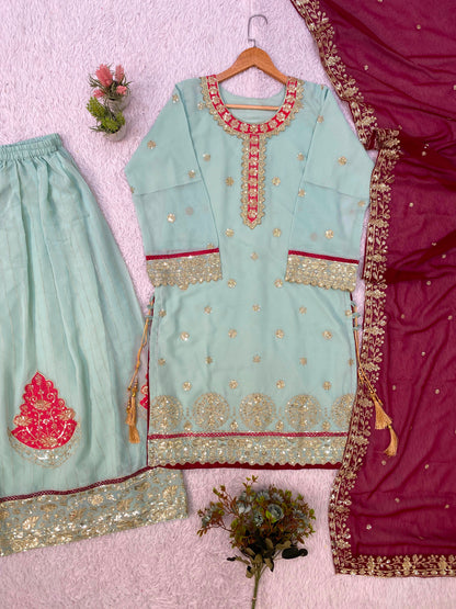THIS FESTIVAL SEASON WEAR OUR BEAUTIFUL TOP ,PLAZZO AND DUPATTA  WITH SEQUENCE EMBROIDERED WORKED