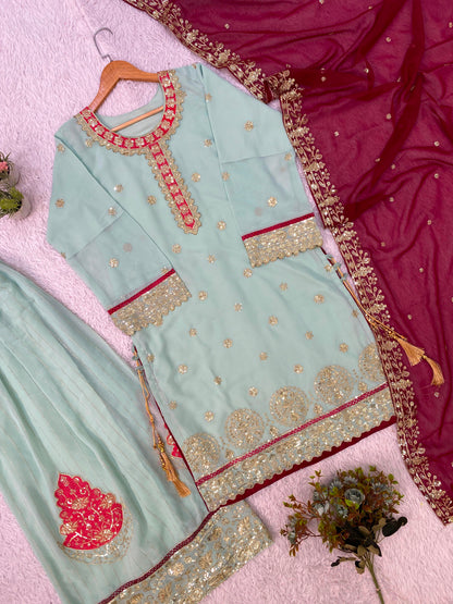 THIS FESTIVAL SEASON WEAR OUR BEAUTIFUL TOP ,PLAZZO AND DUPATTA  WITH SEQUENCE EMBROIDERED WORKED