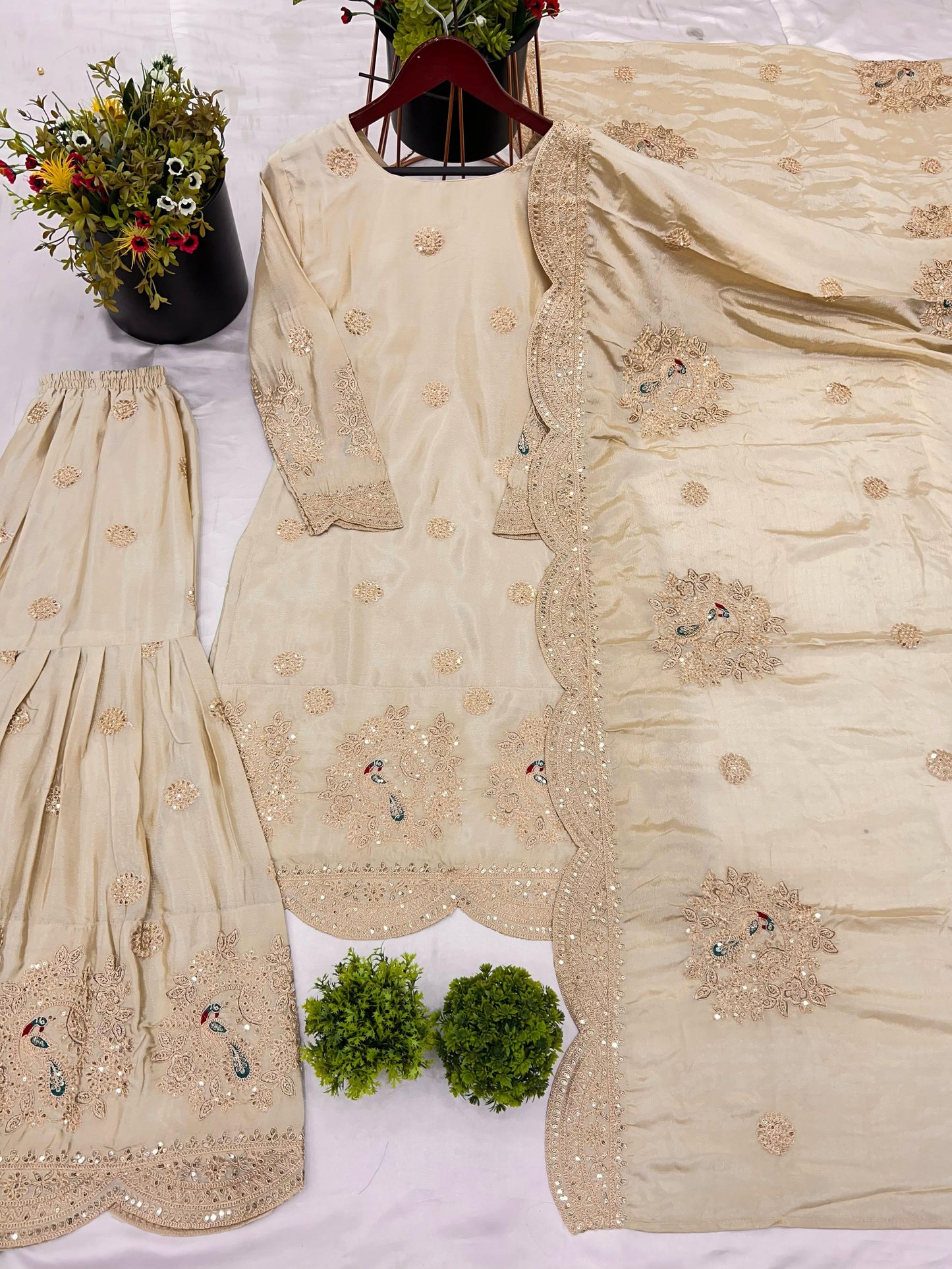 New Designer Collection In Pure Chinnon With Heavy Embroidery Coding Dori-Sequence Work Top-Bottom And Dupatta Set Fully Stitched Ready To Wear