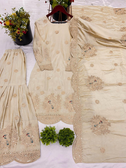 New Designer Collection In Pure Chinnon With Heavy Embroidery Coding Dori-Sequence Work Top-Bottom And Dupatta Set Fully Stitched Ready To Wear