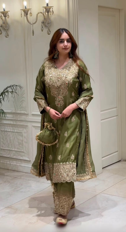 New Designer Collection In Roman simmer silk With Embroidery Work Top-Bottom And Dupatta Set Fully Stitched Ready To Wear