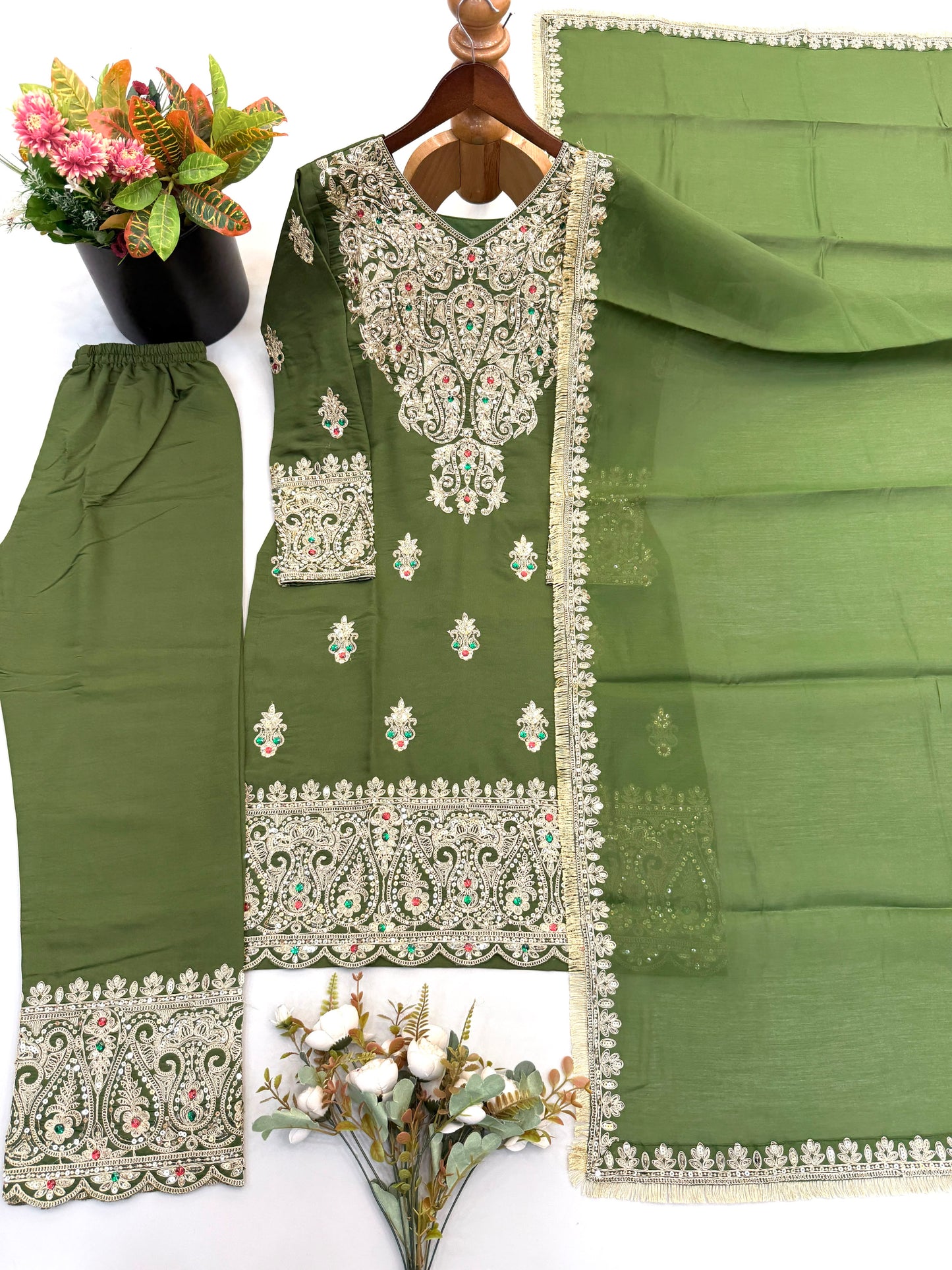 New Designer Collection In Roman simmer silk With Embroidery Work Top-Bottom And Dupatta Set Fully Stitched Ready To Wear