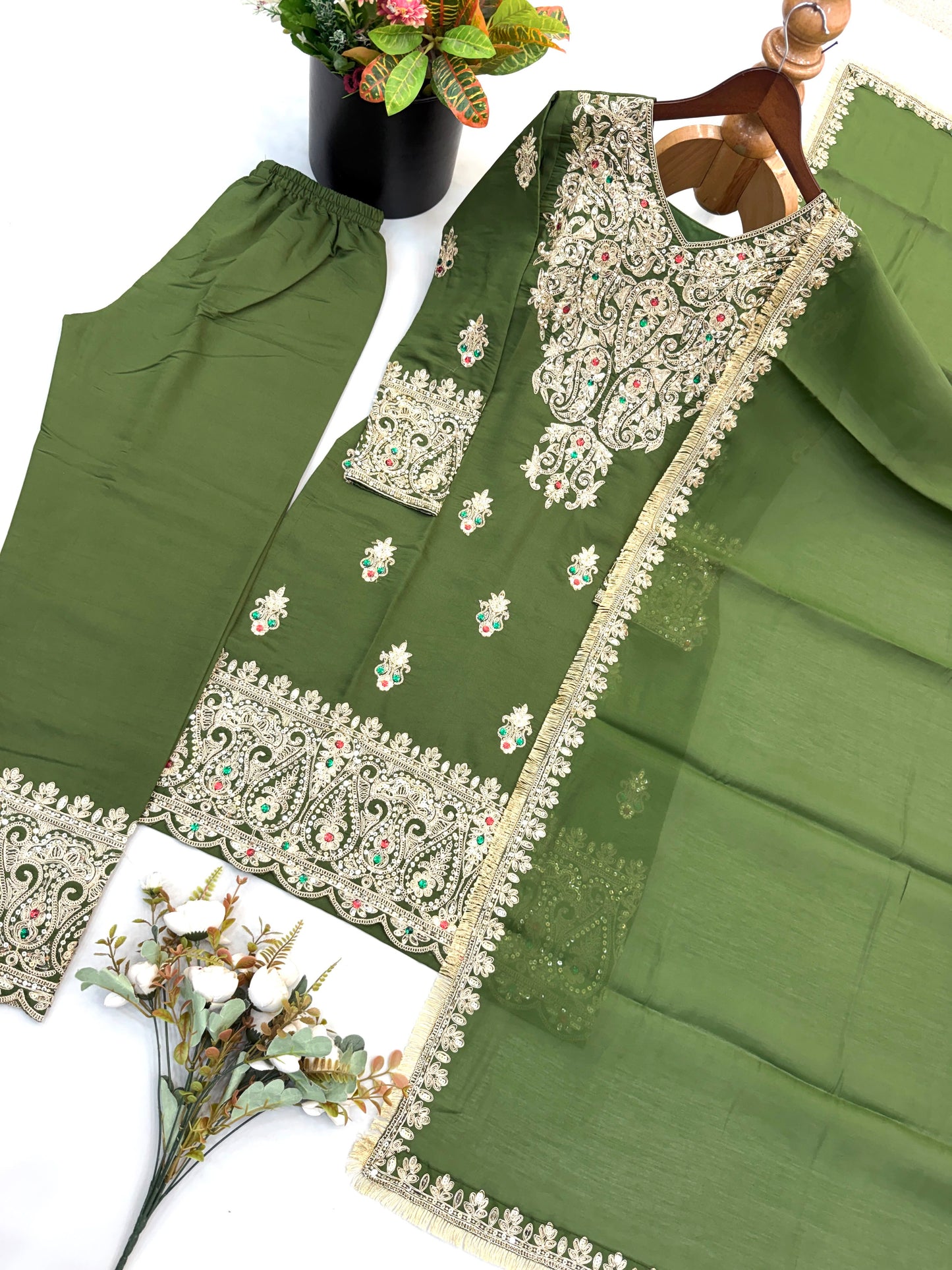 New Designer Collection In Roman simmer silk With Embroidery Work Top-Bottom And Dupatta Set Fully Stitched Ready To Wear
