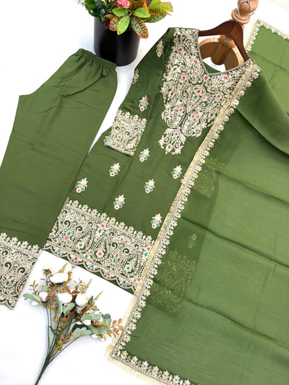 New Designer Collection In Roman simmer silk With Embroidery Work Top-Bottom And Dupatta Set Fully Stitched Ready To Wear