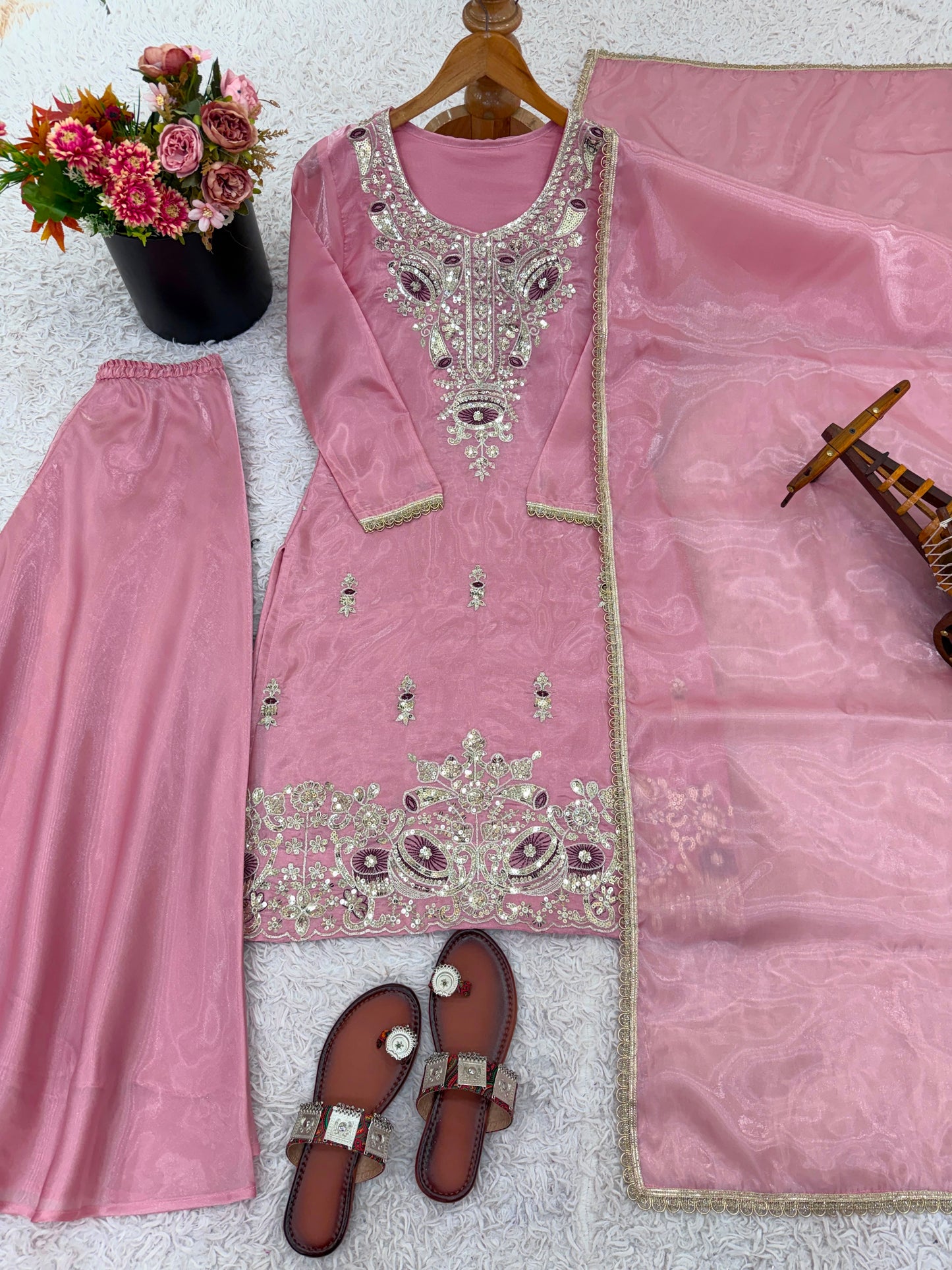 Ready-made Collection With Silky 😍 Silk And Heavy Embroidery Sequence Work Top-Bottom And Dupatta Set Fully Stitched Ready To Wear Collection